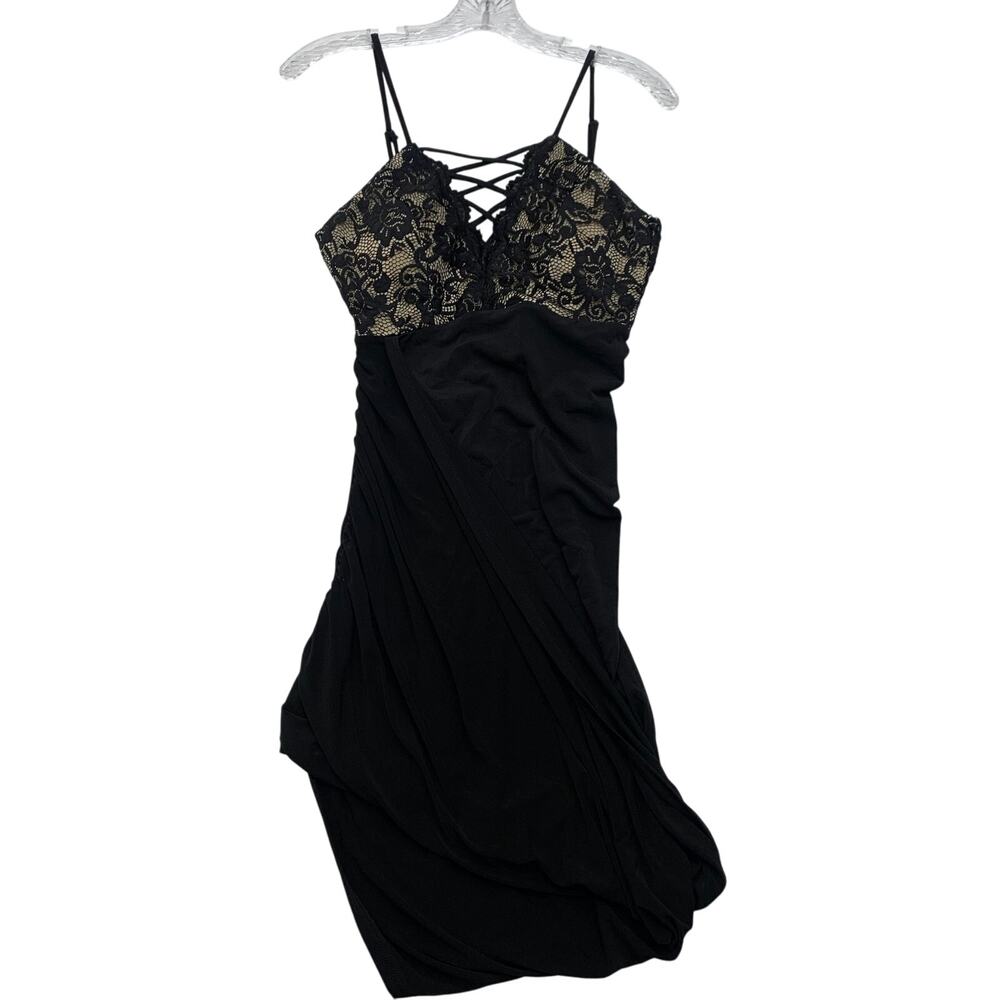 Trac Womens Size Small Black Nude Lace Top Slinky Midi Cocktail Party Dress